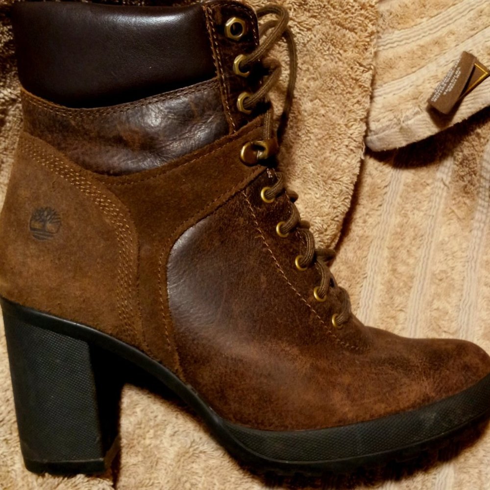 Timberland Brown Leather Combat Hiking High Heel Boots Size 8